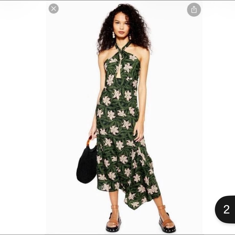 Topshop Hibiscus Floral Halter Neck Midi Dress
